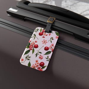 Pink Luggage Tag Cherry Floral Print Personalized Baggage Label for Travelers Gift for Her Vacation Summer Wedding Honeymoon Bridal Gift