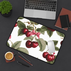 Back to School Deskmat Coquette Bow & Cherries Desk Mat Floral Mouse Pad Office Decor Gift for Home Office Desk Accessory Cherry Decor