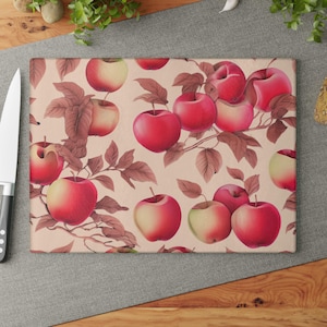 Apple Print Glass Cutting Board Warm Blush Apple Decor Fall Kitchen Style Autumn Hostess Gift Housewarming Present for Fruit Lovers