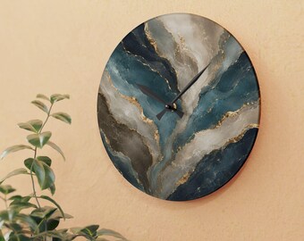 Teal Gold Marble Wall Clock Acrylic Clock Modern Abstract Wall Decor Geode Art Luxury Home Decor Blue Green Clock