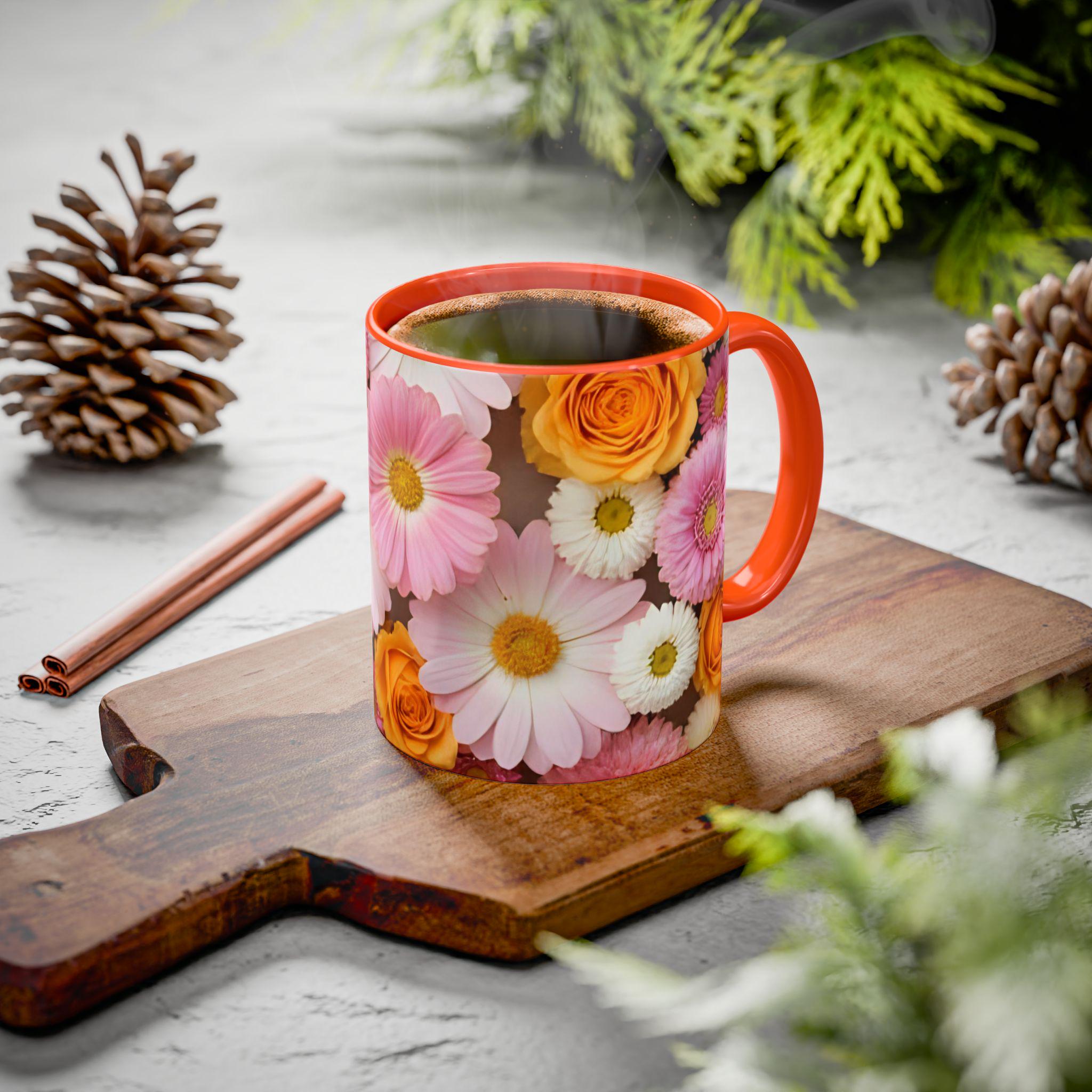 花柄コーヒーマグ。鮮やかな花のアクセントカップ。11オンスまたは15