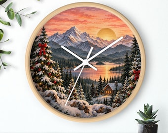 Christmas Wall Clock Mountain Christmas Decor Winter Cabin Decor Rustic Christmas Lodge Wall Decor Christmas Tree Wall Decor