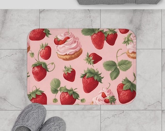 Whimsical Strawberry Shortcake Toile Bath Mat - Blush Pink Vibrant Bathroom Decor Bath Mat Strawberrydesign Gift Two Sizes Available