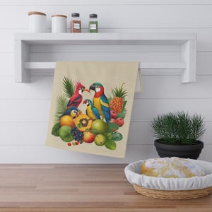 Tropical Bird Fruit Kitchen Towel Giftful Vibrant Parrot & Fruit Tea Towel Boho Coastal Kitchen Decor Summer Hostess Gift 18x30 Cotton Towel