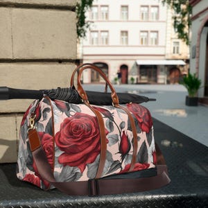 Travel Bag, Red Roses Toile Design, Waterproof, Personalized Floral Carry-On, Overnight Luggage, Weekender Duffel, Gift for Travelers, Rose
