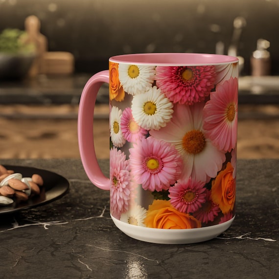 45Rお花柄マグカップ今期 花柄コーヒーマグ。鮮やかな花のアクセントカップ。11オンスまたは15