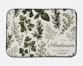 Personalized Herb Dish Drying Mat Custom Botanical Kitchen Drying Mat Vintage Herb Kitchen Decor Housewarming Gift Family Name