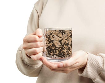 Vintage Baroque Glass Mug Ornate Scroll Pattern Beige Floral Coffee Mug Old World Kitchen Decor French Country Gift