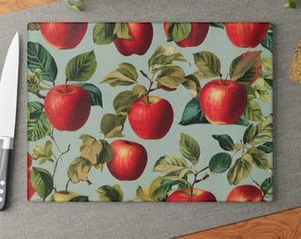 Vintage Apple Glass Cutting Board Farmhouse Kitchen Decor Botanical Orchard Cutting Board Fall Kitchen Gift