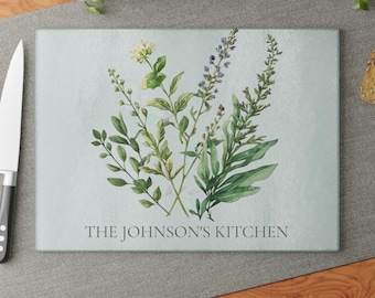 Personalized Glass Cutting Board Botanical Herb Kitchen Decor Custom Family Name Serving Board Housewarming Wedding Gift