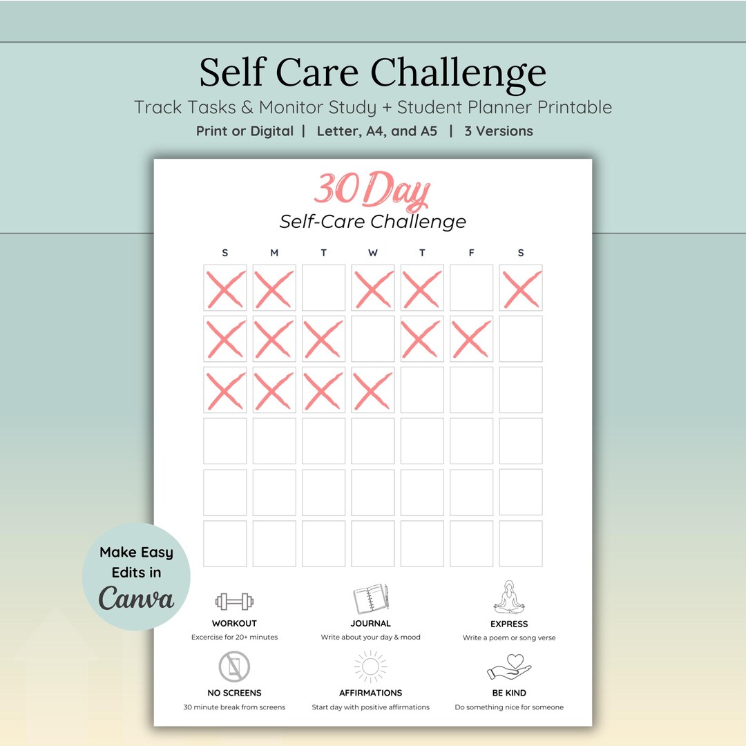 30 Day Self Care Challenge Tracker | Mental Health Activities Planner ...