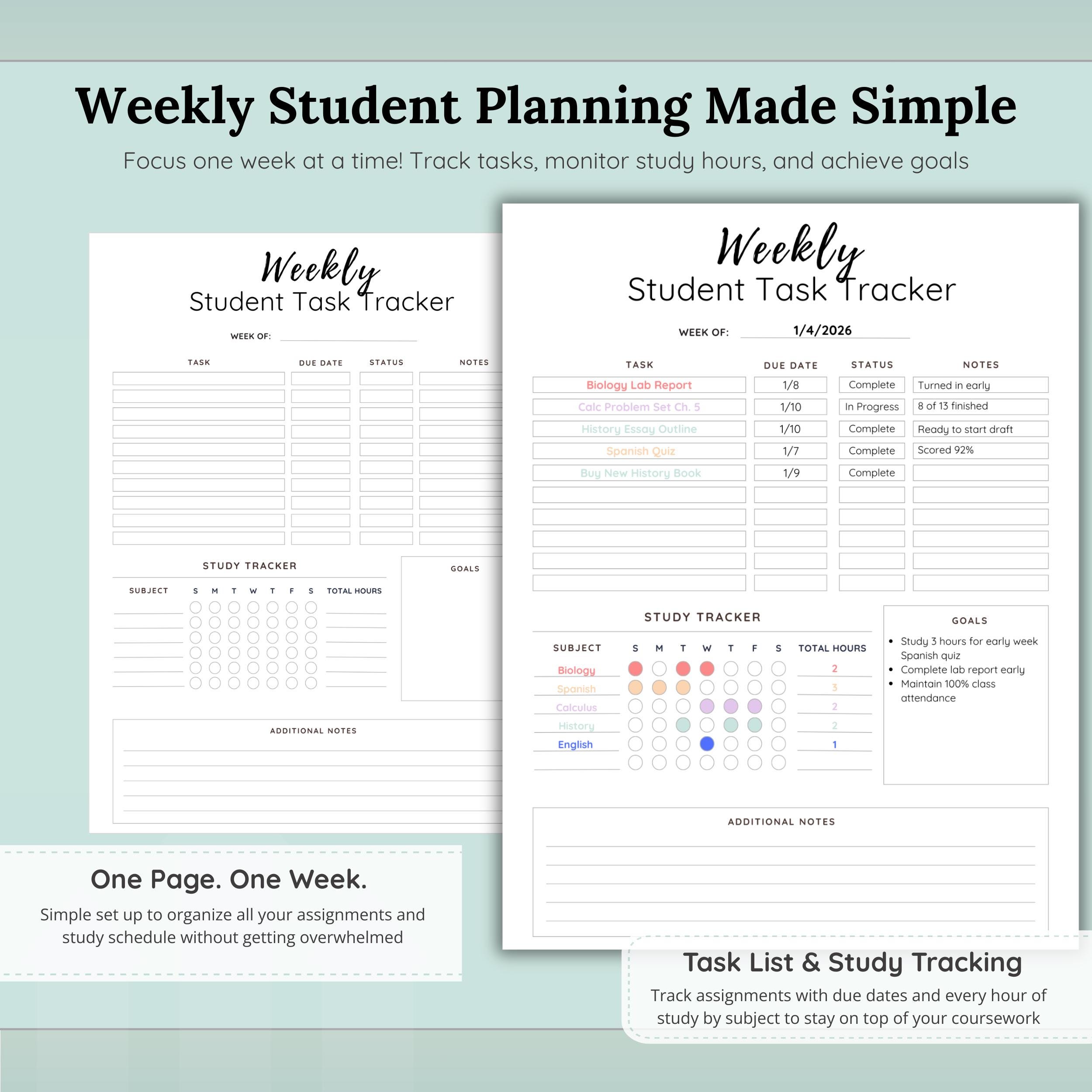 Student Task Tracker Printable | Track Study Hours & Assignments ...