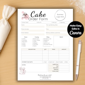 May include: A white cake order form with pink and black text, featuring sections for customer details, cake flavors, frosting, and filling options. Includes a sketch area and a "Make Easy Edits in Canva" graphic.
