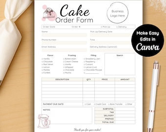May include: A white cake order form with pink and black text, featuring sections for customer details, cake flavors, frosting, and filling options. Includes a sketch area and a "Make Easy Edits in Canva" graphic.