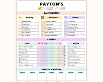 May include: A printable kids' responsibility tracker with the title "PAYTON'S WEEKLY PLAN." It includes sections for daily routines, chores, and a weekly schedule. The design is colorful and organized, with spaces for notes and point totals.