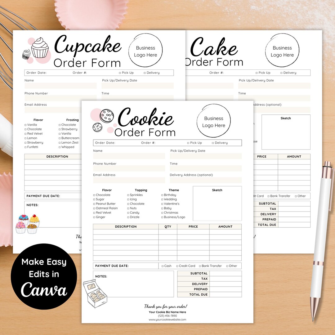 Bakery Order Form Bundle | Editable Canva Templates for Cookies ...