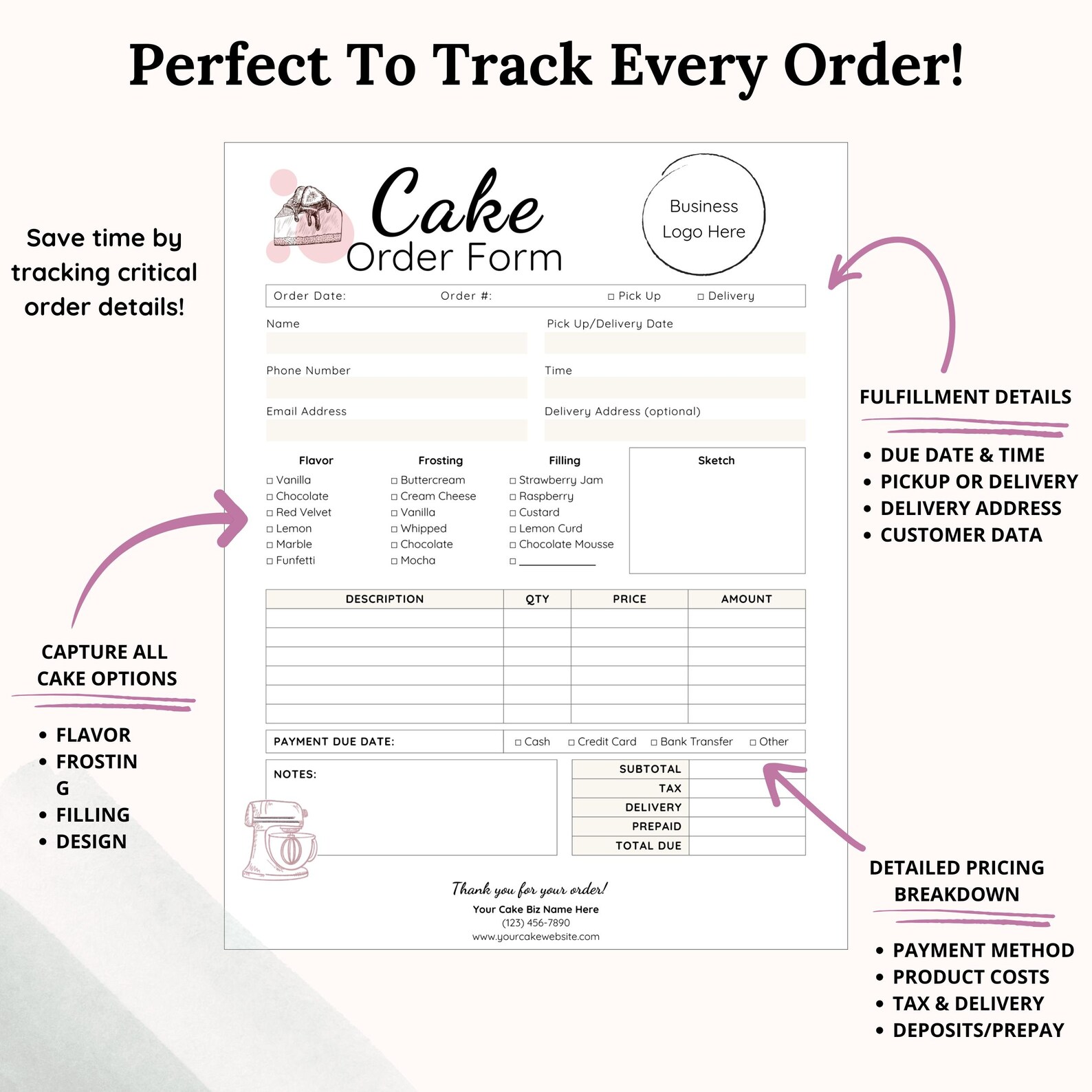 Editable Cake Order Form Template | Canva Printable Bakery Order ...