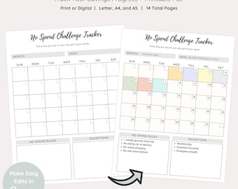 No Spend Challenge Printable Bundle, 30 Day No Buy Tracker PDF, Monthly Savings Challenge, No Spend Financial Challenge, Letter | A4 |  A5