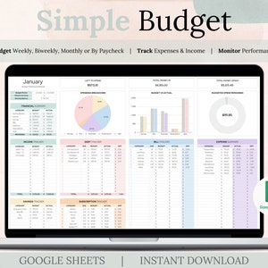 Peut inclure: Un écran d'ordinateur portable affichant un tableur Google Sheets avec un modèle de budget. Le tableur est intitulé "Simple Budget" et comprend des sections pour suivre les revenus, les dépenses, les factures, les dettes, les économies et les abonnements. Le tableur est conçu pour aider les utilisateurs à suivre leurs finances et à surveiller leurs dépenses.