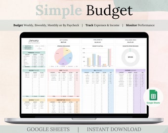 May include: A laptop screen displaying a Google Sheets spreadsheet with a budget template. The spreadsheet is titled "Simple Budget" and includes sections for tracking income, expenses, bills, debt, savings, and subscriptions. The spreadsheet is designed to help users track their finances and monitor their spending.