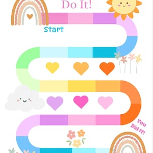 May include: A colorful reward chart with a rainbow, sun, and cloud design. The chart features the text "You Can Do It!" and "You Did It!" along a winding path with heart and flower graphics. The word "Reward:" is also visible.