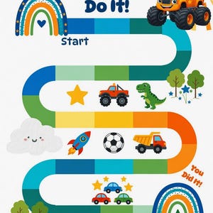 Peut inclure: Un tableau coloré avec le texte "You Can Do It!" présente un chemin avec des illustrations d'un monster truck, d'un dinosaure, d'une fusée, d'un ballon de football et de voitures. Le tableau comprend un arc-en-ciel, un soleil et des étoiles.
