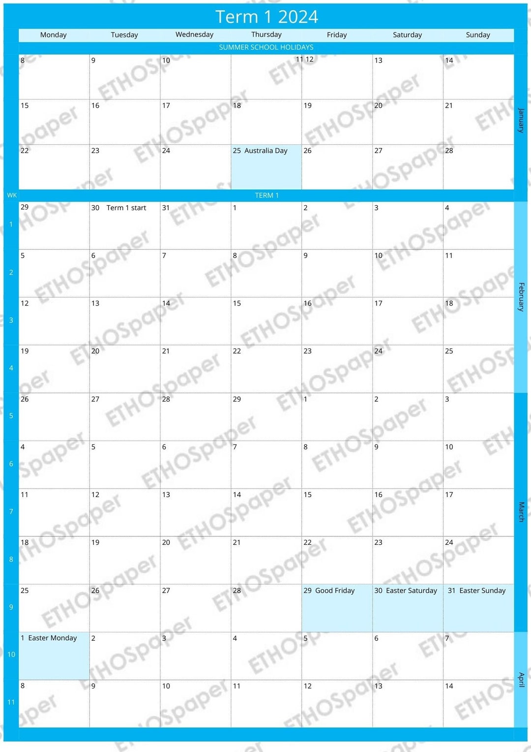Printable 2024 Term Calendar Term 1 to 4 NSW Public School Holidays
