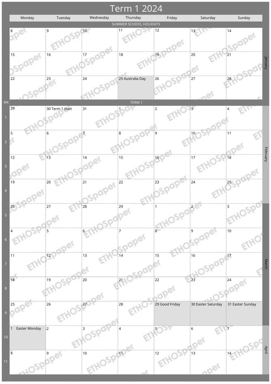 Printable 2024 Term Calendar Term 1 to 4 NSW Public School Holidays