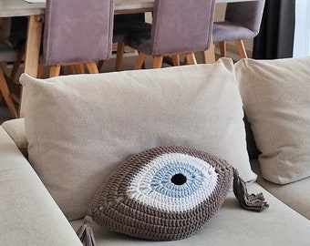 Crochet evil eye pillow with tassels,Handmade cushion,Housewarming gift,Decorative cushions,Outdoors cushions,Home decor,Coastal decoration