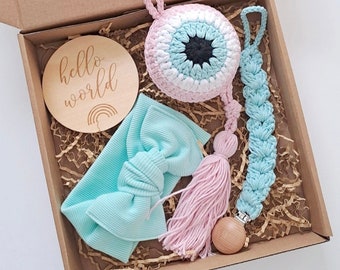 Baby girl set gift,New born gift,Baby shower gift,Gift box,Evil eye charm,Handmade organic headband,Pacifier clip,Hello world wooden disk
