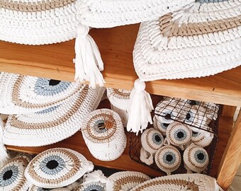 Crochet evil eye pillow with tassels,Handmade cushion,Housewarming gift,Decorative cushions,Outdoors cushions,Home decor,Coastal decoration