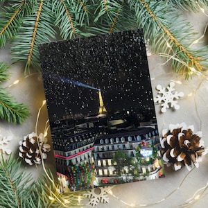 Cyfrowa świąteczna karta podarunkowa, paryska wieża Eiffla, paryski budynek, drukowana świąteczna karta z pozdrowieniami, Joyeaux Noël, pobierz świąteczną kartę podarunkową