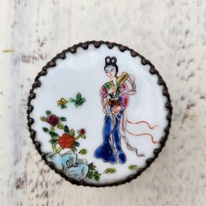 Antique Chinese Copper & Porcelain Hand-Painted Shard Box, Jewelry Box, Chinese Woman, Vintage Mirror Box, Collectible