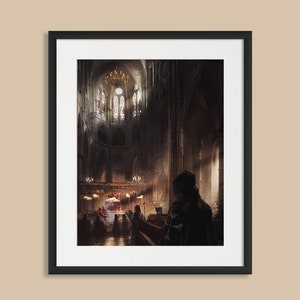 Peut inclure: L'intérieur d'une cathédrale gothique sombre avec une silhouette encapuchonnée debout dans les bancs. La silhouette regarde vers l'autel, où un groupe de personnes est rassemblé. La cathédrale a de hauts plafonds voûtés et des vitraux.