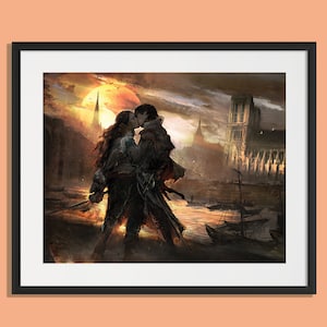 Peut inclure: Une peinture représentant un couple s'embrassant devant une cathédrale, avec un grand soleil rouge en arrière-plan.