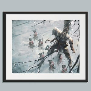 Peut inclure: Une silhouette &agrave; capuche dans une for&ecirc;t enneig&eacute;e, tenant une arme, avec un groupe de soldats en arri&egrave;re-plan. La sc&egrave;ne est repr&eacute;sent&eacute;e dans un style pictural stylis&eacute;.