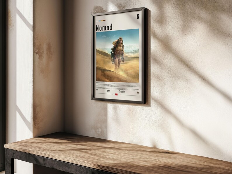 Framed poster of Nomad is an essential addition for any fan of the video game Six Siege and the operator Nomad. The frame is available in black, white or natural wood color. Don’t miss out on this must-have artwork!