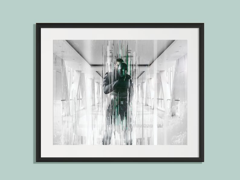 May include: A black and white photo of a person in a hallway with a green and black digital effect. The person is wearing a black jacket and a black mask. The hallway is lined with white walls and windows.