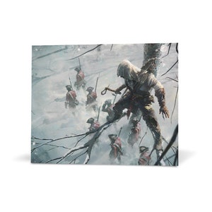 Peut inclure: Une silhouette &agrave; capuche dans une for&ecirc;t enneig&eacute;e, debout sur une branche d'arbre, regardant un groupe de soldats marchant dans la neige.