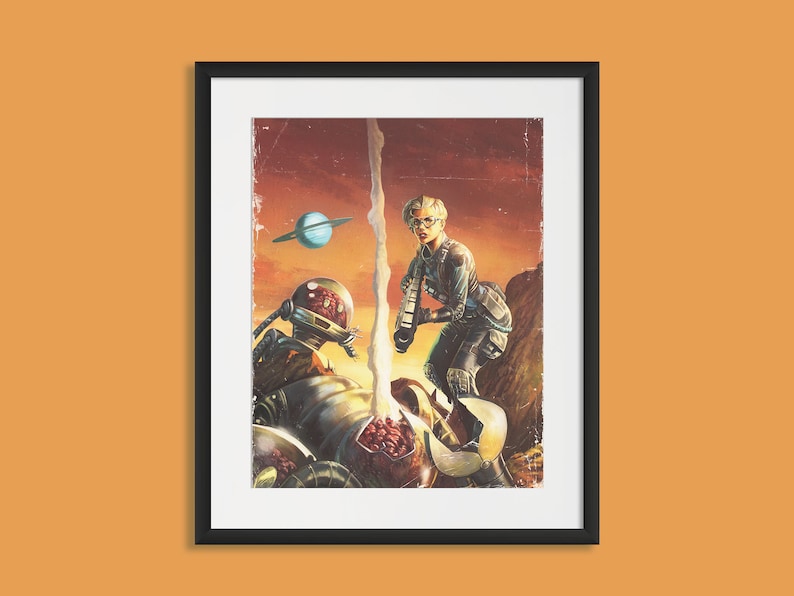 May include: A woman in a futuristic outfit stands over a large, metallic, and partially destroyed robot. The robot is lying on a rocky, orange-colored surface. A blue planet is visible in the background.