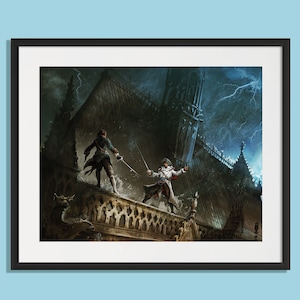 Peut inclure: Deux personnages en costumes d'époque se tiennent sur un toit, face à face, les épées tirées. L'arrière-plan est un ciel sombre et orageux avec des éclairs. Les personnages sont en silhouette contre le ciel orageux.