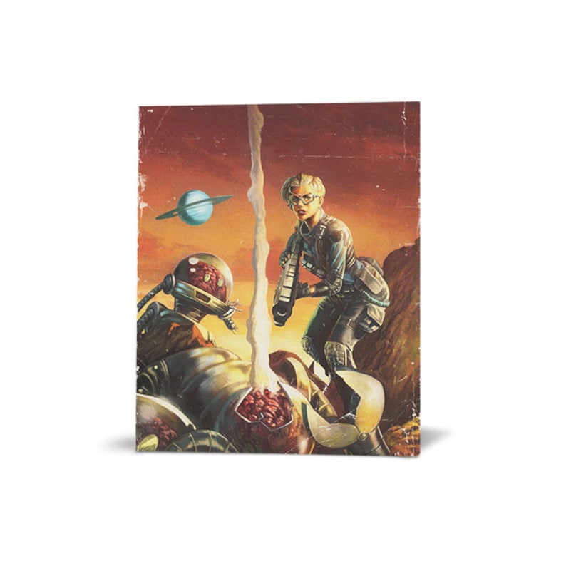 May include: A woman in a futuristic outfit stands on a rocky surface, holding a weapon. She is looking at a large, metallic creature with a glowing red brain. The background is a red and orange sky with a blue planet in the distance.