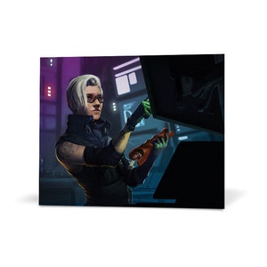 May include: A white-haired person wearing a black jacket and green gloves works on a computer with a red and orange object in their hand.