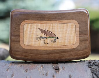 Fly Fishing Box, Wood, Handcrafted, Black Walnut and Flame Maple, Inlay Design, HIGH QUALITY finish, Perfect Fishing Gift, Rippled Foam
