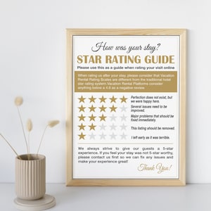 Peut inclure: Une affiche encadrée avec le texte "Comment était votre séjour ? Guide d'évaluation des étoiles" et une échelle de notation à 5 étoiles avec des étoiles dorées. L'affiche explique comment évaluer une location de vacances et encourage les clients à contacter le propriétaire de la location s'ils rencontrent des problèmes.