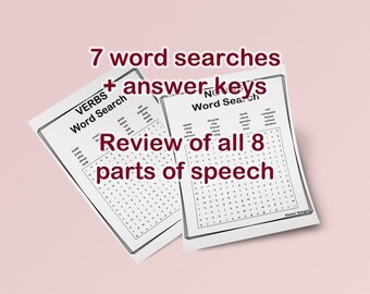 Printable Parts of Speech Word Search, 7 Puzzles, 8 Parts of Speech, Digital Download, PDF, Homeschool, Classroom, Activity Pages