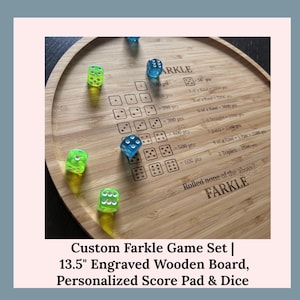 Custom Farkle Game Set | 13.5&quot; Engraved Wooden Board, Personalized Score Pad & Dice | Laser Cut Family Game Night Gift
