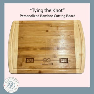 Personalized Bamboo Cutting Board | Wedding Gift | Custom Anniversary Gift | Two-Tone Wood Board | Established Family Name | Tie The Knot