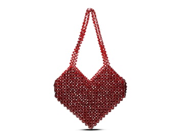 Red Beaded Handmade Shoulder Bag with Wrist Handle