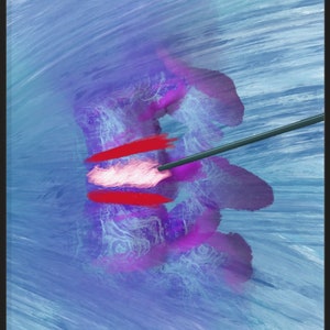 May include: Abstract painting with a blue background and a pink and purple flower-like shape in the center. A thin black line extends from the center of the shape to the top of the image.